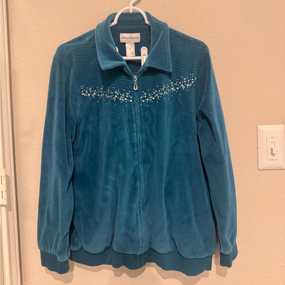 Vintage Alfred Dunner Teal Embellished Velvety Zip-Up Jacket